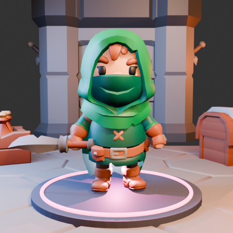 A hooded rogue on a stone dais, dagger in hand.